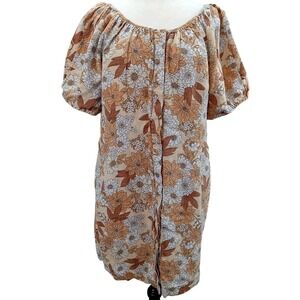 J.Crew Womens‎ Size 12 Puff Sleeve 100% Linen Lined Dress Front Bttn V Back Flrl